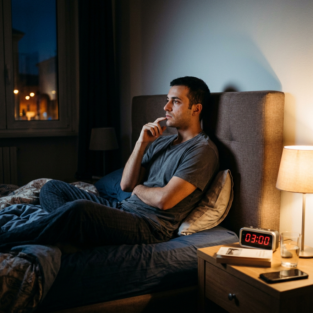 Perché il corpo continua a suonare l'allarme anche quando il pericolo è passato da anni? Un viaggio tra ansia, simpaticotonia e la prospettiva della TEV. Man sitting thoughtfully in bed beside a clock showing 3:00 a.m.